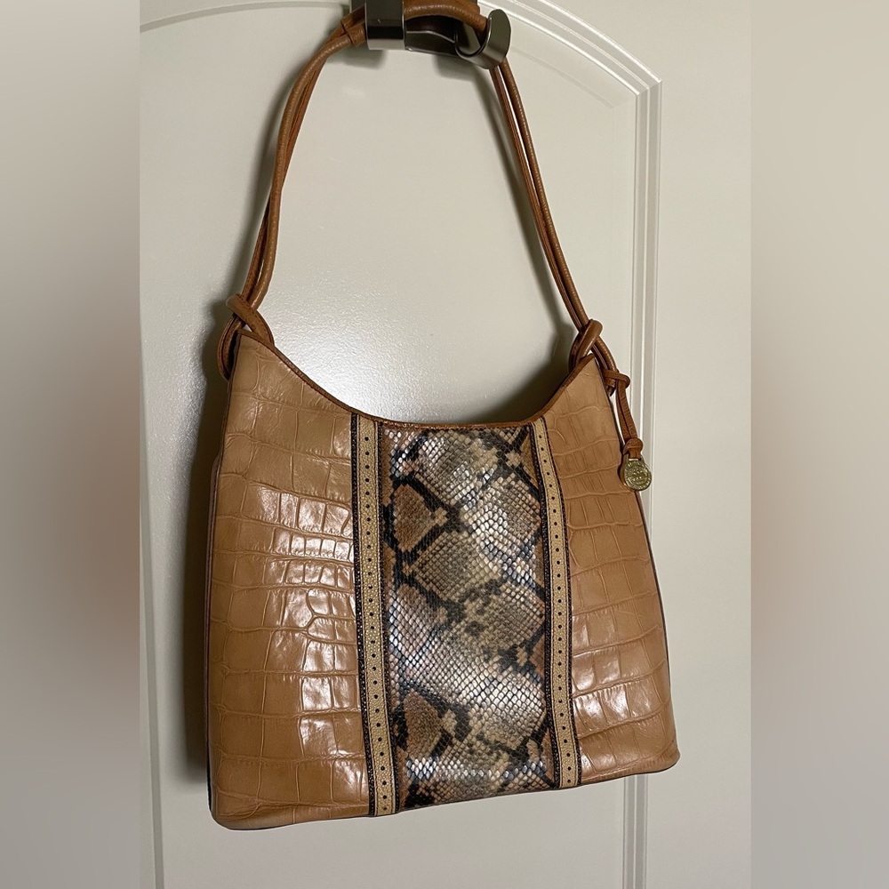 Brahmin Tan Croc-Embossed Shoulder Bag with Snake-Print Center